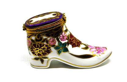 LIMOGES BOX ~ OLD-FASHIONED HIGH TOPPED LADY'S FLORAL SHOE ~ BOOT ~ PEINT MAIN