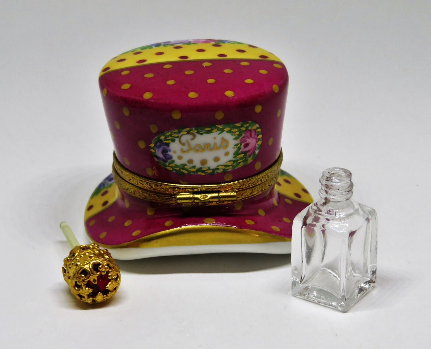 LIMOGES FRANCE BOX - PARIS PARFUMERIE HAT & PERFUME BOTTLE - FLOWERS - ROSES