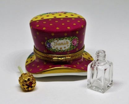 LIMOGES FRANCE BOX - PARIS PARFUMERIE HAT & PERFUME BOTTLE - FLOWERS - ROSES