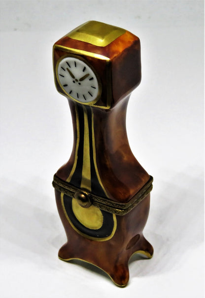 LIMOGES FRANCE BOX - PARRY-VIEILLE - 'WOODEN' GRANDFATHER CLOCK & GOLD PENDULUM
