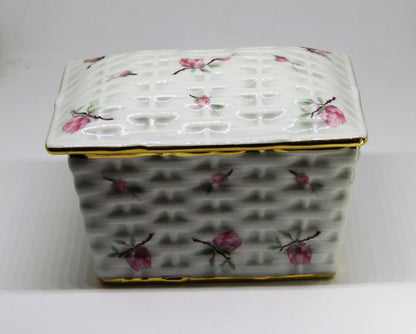 LIMOGES FRANCE TWO PIECE BOX ~ 'WOVEN WICKER' WITH PINK FLOWERS & BUDS