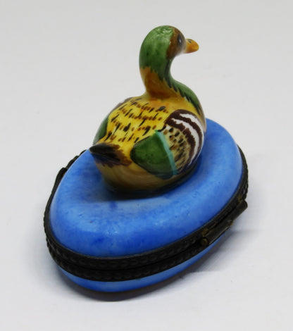 LIMOGES FRANCE BOX - COLORFUL MALLARD DUCK IN BLUE POND - REEDS & CATTAIL INSIDE