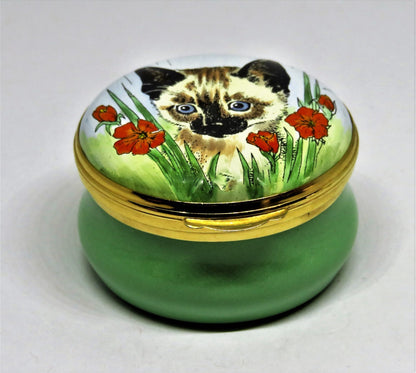 CRUMMLES ENGLISH ENAMEL BOX - SIAMESE KITTEN & RED POPPY FLOWERS - CAT - KITTY