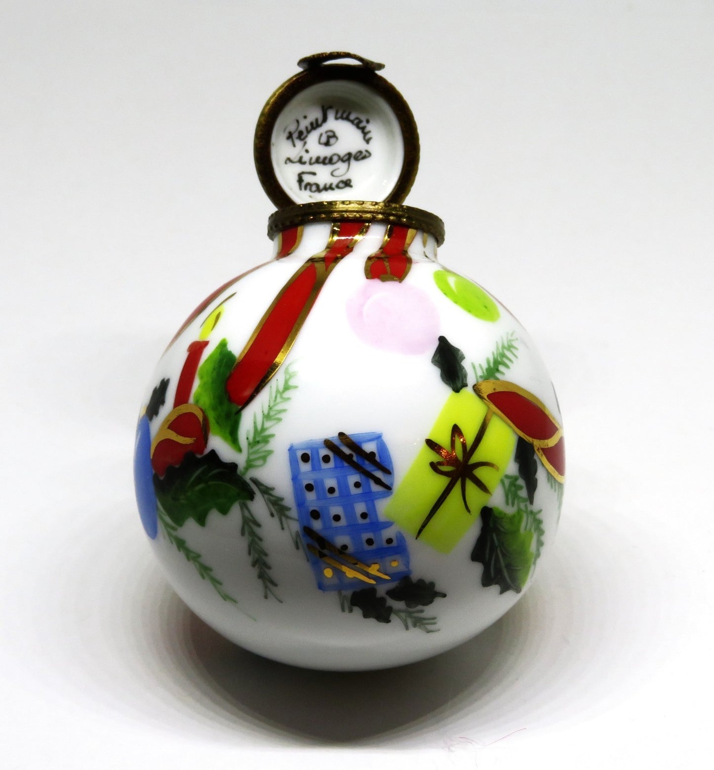LIMOGES BOX - CHRISTMAS TREE BALL ORNAMENT - HOLLY & RIBBONS & CANDLES & GIFTS