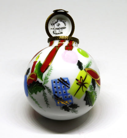 LIMOGES BOX - CHRISTMAS TREE BALL ORNAMENT - HOLLY & RIBBONS & CANDLES & GIFTS