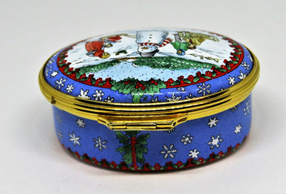 HALCYON DAYS ENAMEL BOX - CHRISTMAS SCENE - SNOWMAN & CHILDREN & SNOWFLAKES