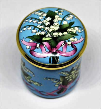 HALCYON DAYS ENAMEL BOX - BOUQUETS OF LILY OF THE VALLEY - FLOWERS - RIBBONS