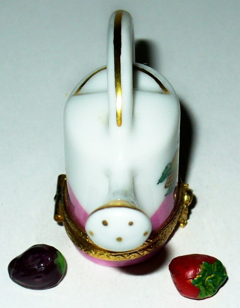 LIMOGES FRANCE BOX ~ PINK GARDEN WATERING CAN & BASKET & FRUITS ~ PEINT MAIN