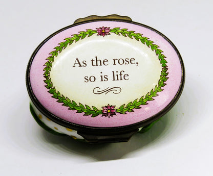 HALCYON DAYS ENGLISH ENAMEL BOX - PINK ROSE BONBONNIERE - ANNIVERSARY - MIB