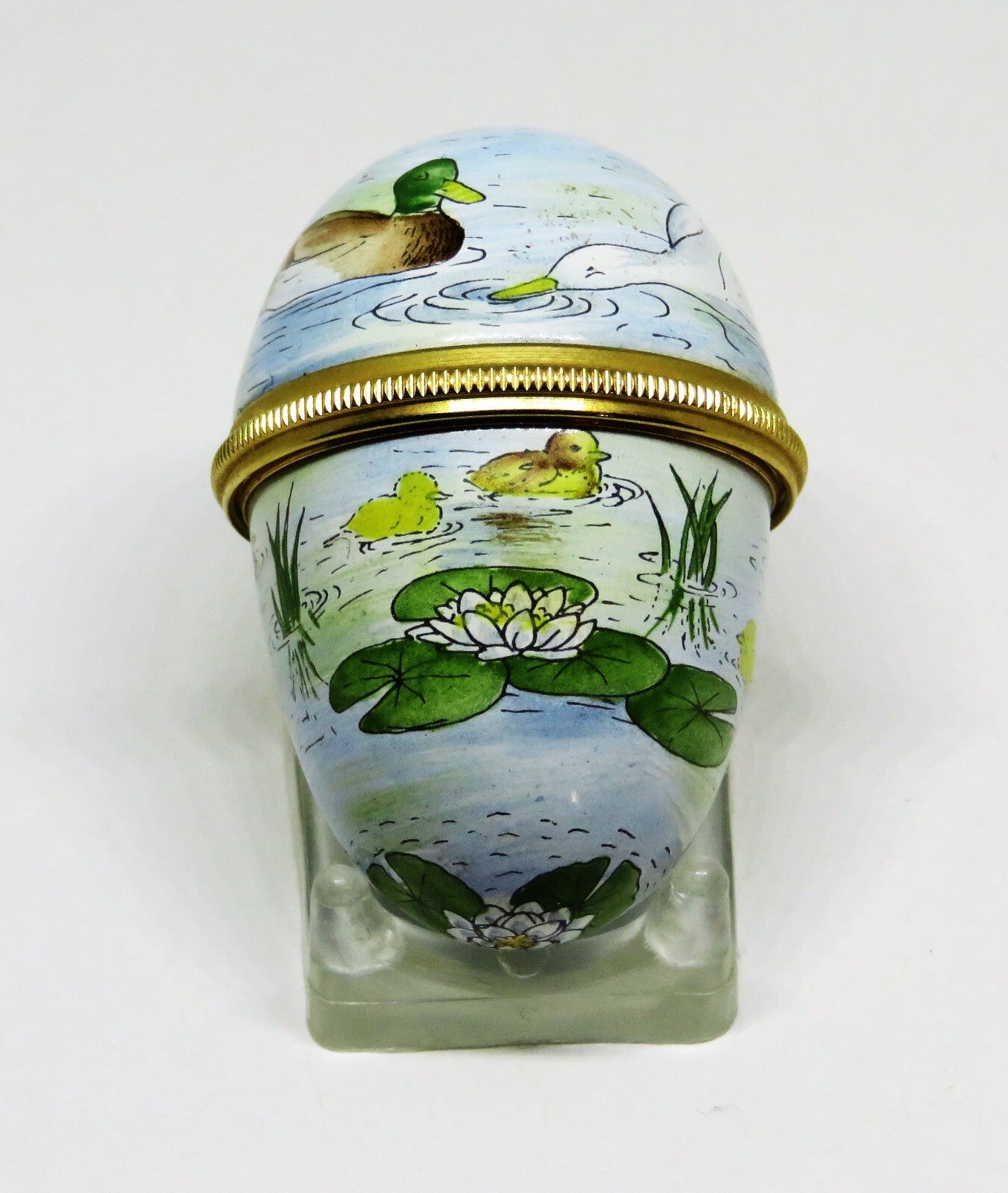 STAFFORDSHIRE ENGLISH ENAMEL BOX -VINTAGE EGG- DUCKS & LILY PADS - WHITE FLOWERS