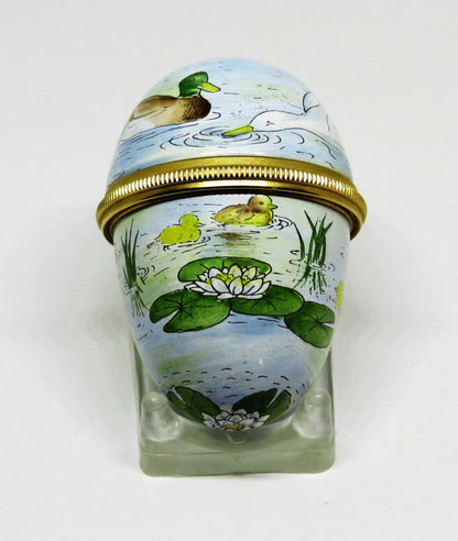 STAFFORDSHIRE ENGLISH ENAMEL BOX -VINTAGE EGG- DUCKS & LILY PADS - WHITE FLOWERS