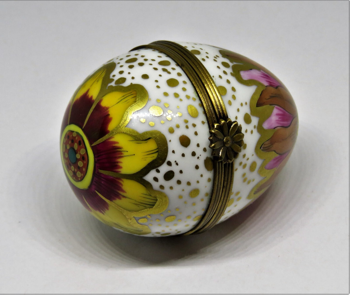 LIMOGES FRANCE BOX - COLORFUL FLORAL EGG - FLOWERS & LEAVES - WATERCOLORS