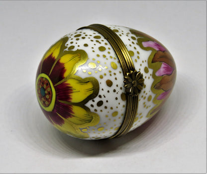 LIMOGES FRANCE BOX - COLORFUL FLORAL EGG - FLOWERS & LEAVES - WATERCOLORS