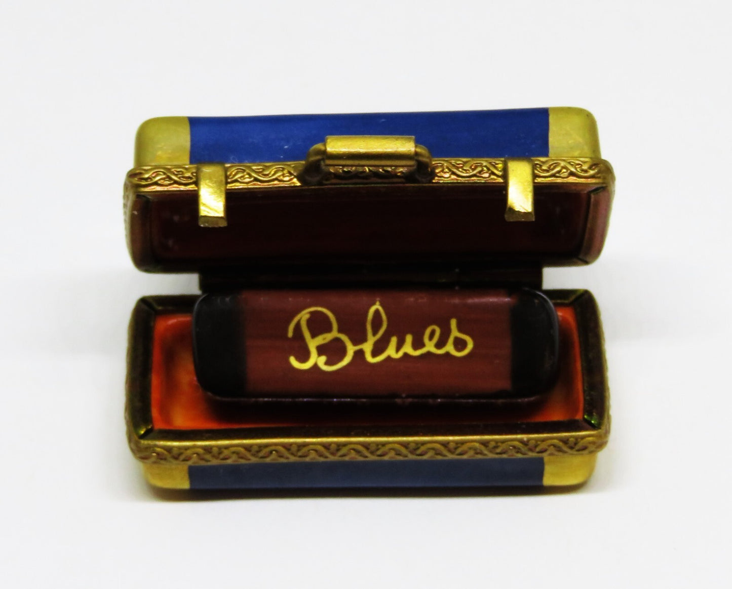 LIMOGES BOX ~PARRY-VIEILLE~ VINTAGE CASE & BLUES HARMONICA ~ MUSICAL INSTRUMENTS