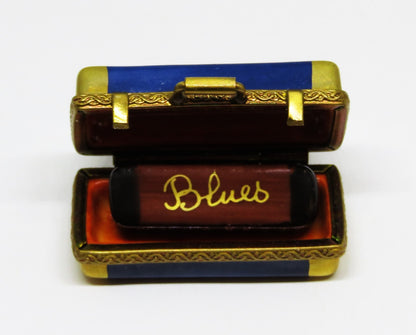 LIMOGES BOX ~PARRY-VIEILLE~ VINTAGE CASE & BLUES HARMONICA ~ MUSICAL INSTRUMENTS