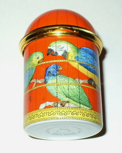 STAFFORDSHIRE ENAMELS BOX - BIRD CAGE & EXOTIC BIRDS -COCKATOO & PARROTS- MACAW