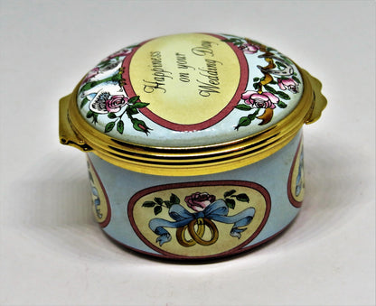 HALCYON DAYS ENAMEL BOX - "HAPPINESS ON YOUR WEDDING DAY" - ROSES & DOVES - MIB