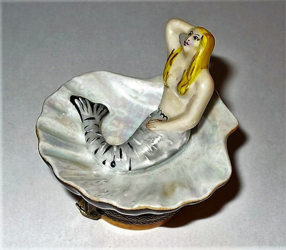 LIMOGES FRANCE BOX - MERMAID ON A CLAM SHELL - BLACK PEARL - SAILBOAT - SEASHELL