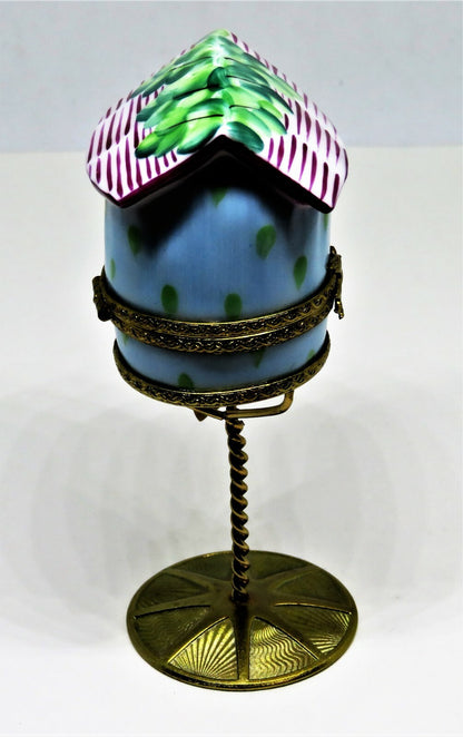 LIMOGES FRANCE BOX- LIMOGES IMPORTS - BIRD HOUSE & METAL STAND - ACORNS & LEAVES