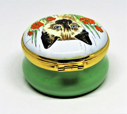 CRUMMLES ENGLISH ENAMEL BOX - SIAMESE KITTEN & RED POPPY FLOWERS - CAT - KITTY