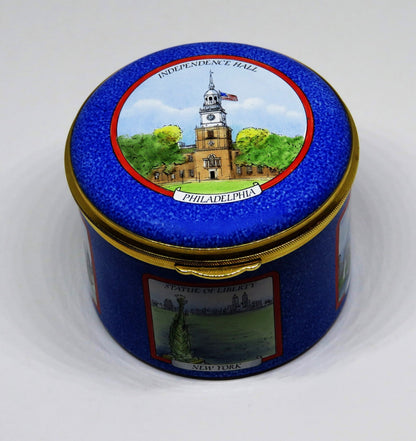 STAFFORDSHIRE ENGLISH ENAMEL BOX - U. S. LANDMARKS - STATUE OF LIBERTY - CAPITOL