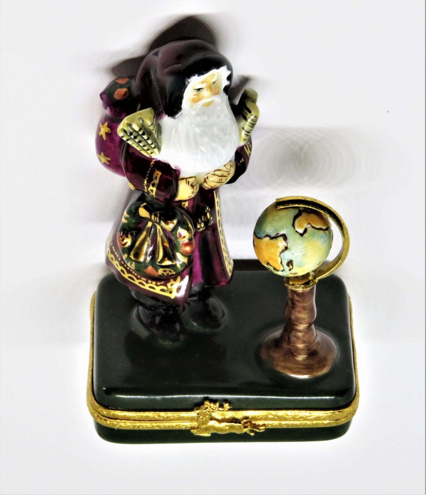 LIMOGES FRANCE BOX- CHRISTMAS - LYNN HANEY - "GLOBE SANTA CLAUS" - MAPS & WREATH