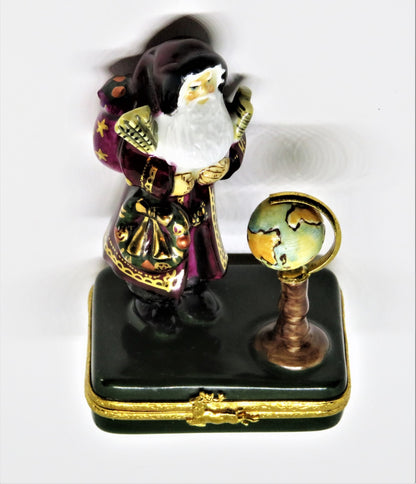 LIMOGES FRANCE BOX- CHRISTMAS - LYNN HANEY - "GLOBE SANTA CLAUS" - MAPS & WREATH