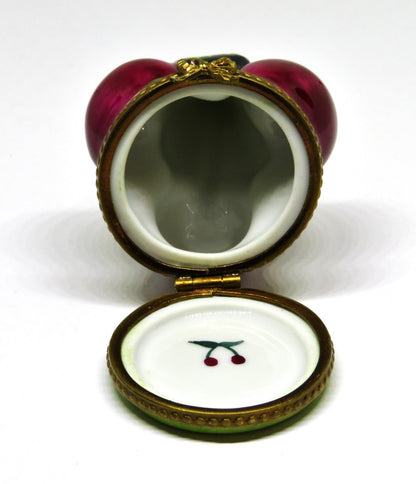 LIMOGES FRANCE BOX - RIPE RED CHERRIES ON A STEM & LEAVES - CHERRY - FRUITS