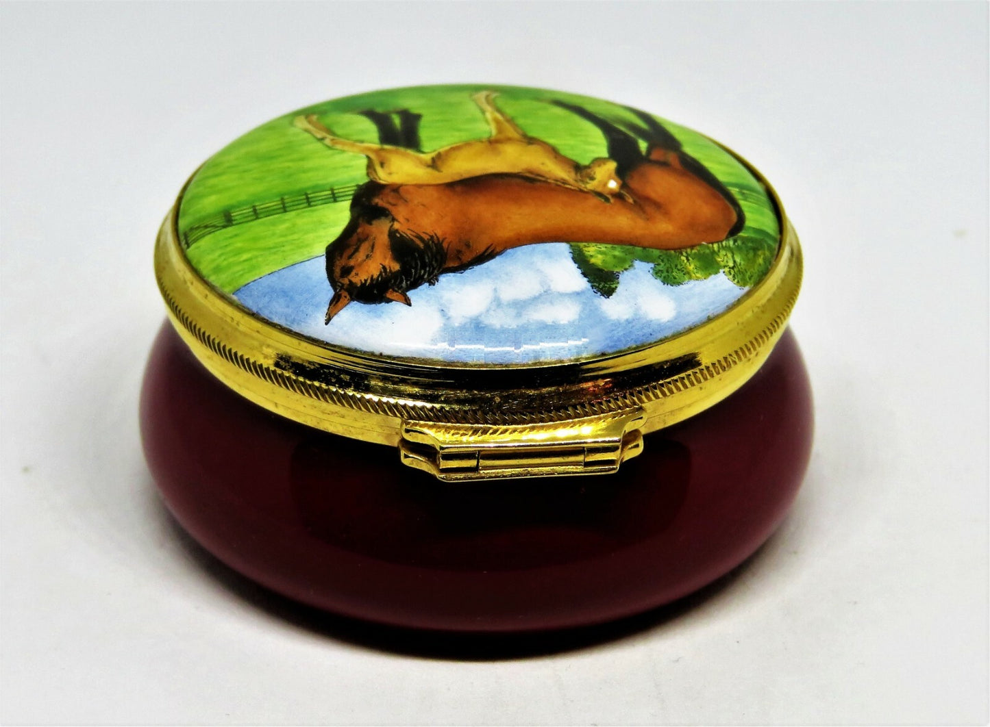 STAFFORDSHIRE ENAMELS  BOX - MOTHER & BABY HORSES - MARE & FOAL - EQUESTRIAN
