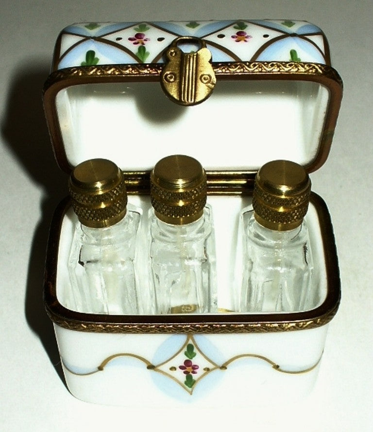 LIMOGES FRANCE BOX~ DUBARRY ~ CHEST & 3  PERFUME BOTTLES ~ FLOWERS ~ PEINT MAIN