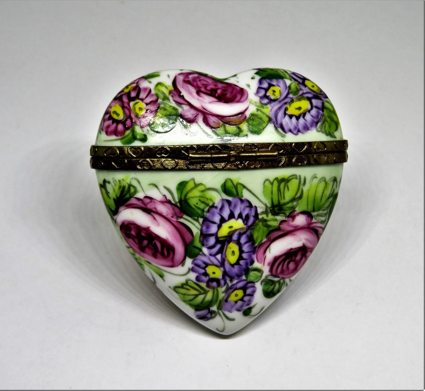 LIMOGES FRANCE BOX - FLORAL HEART & PERFUME BOTTLE - FLOWERS - PINK ROSES