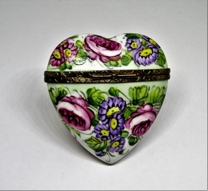 LIMOGES FRANCE BOX - FLORAL HEART & PERFUME BOTTLE - FLOWERS - PINK ROSES