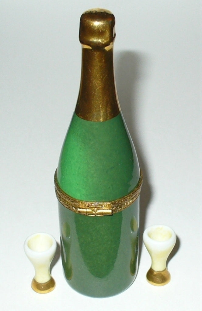 LIMOGES FRANCE BOX - CHAMPAGNE BOTTLE & 2 PORCELAIN GLASSES - NEW YEAR'S EVE