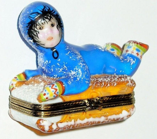 LIMOGES FRANCE BOX - CHILD ON A SLED IN THE SNOW - WINTER ACTIVITIES - SPORTS