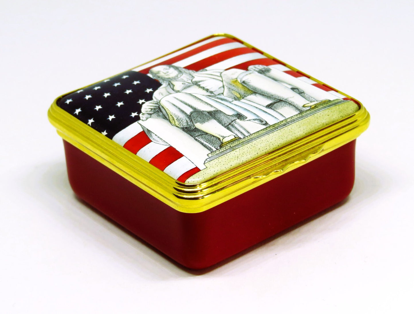 HALCYON DAYS ENGLISH ENAMEL BOX - BENJAMIN FRANKLIN & U. S. FLAG - PHILADELPHIA