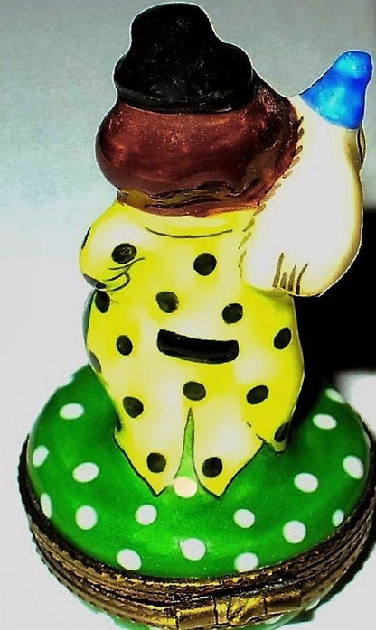 LIMOGES FRANCE BOX- CIRCUS CLOWN RIDING A UNICYCLE & DOG -POLKA DOTS- STAR CLASP