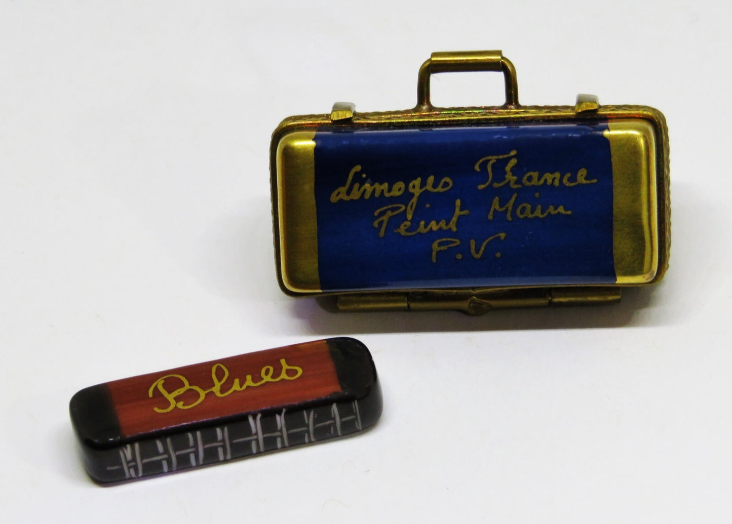 LIMOGES BOX ~PARRY-VIEILLE~ VINTAGE CASE & BLUES HARMONICA ~ MUSICAL INSTRUMENTS