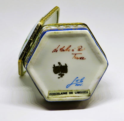 LIMOGES FRANCE HEXAGON BOX - LE TALLEC - FLOWERS & GOLD VINES - ROSES - 1960