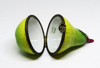 LIMOGES FRANCE BOX  - LARGE SPECKLED PEAR & STEM - 3 DIMENSIONAL LEAF - FRUITS