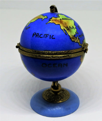 LIMOGES FRANCE BOX - WORLD GLOBE & METAL AXIS - EAGLE CLASP- GEOGRAPHY