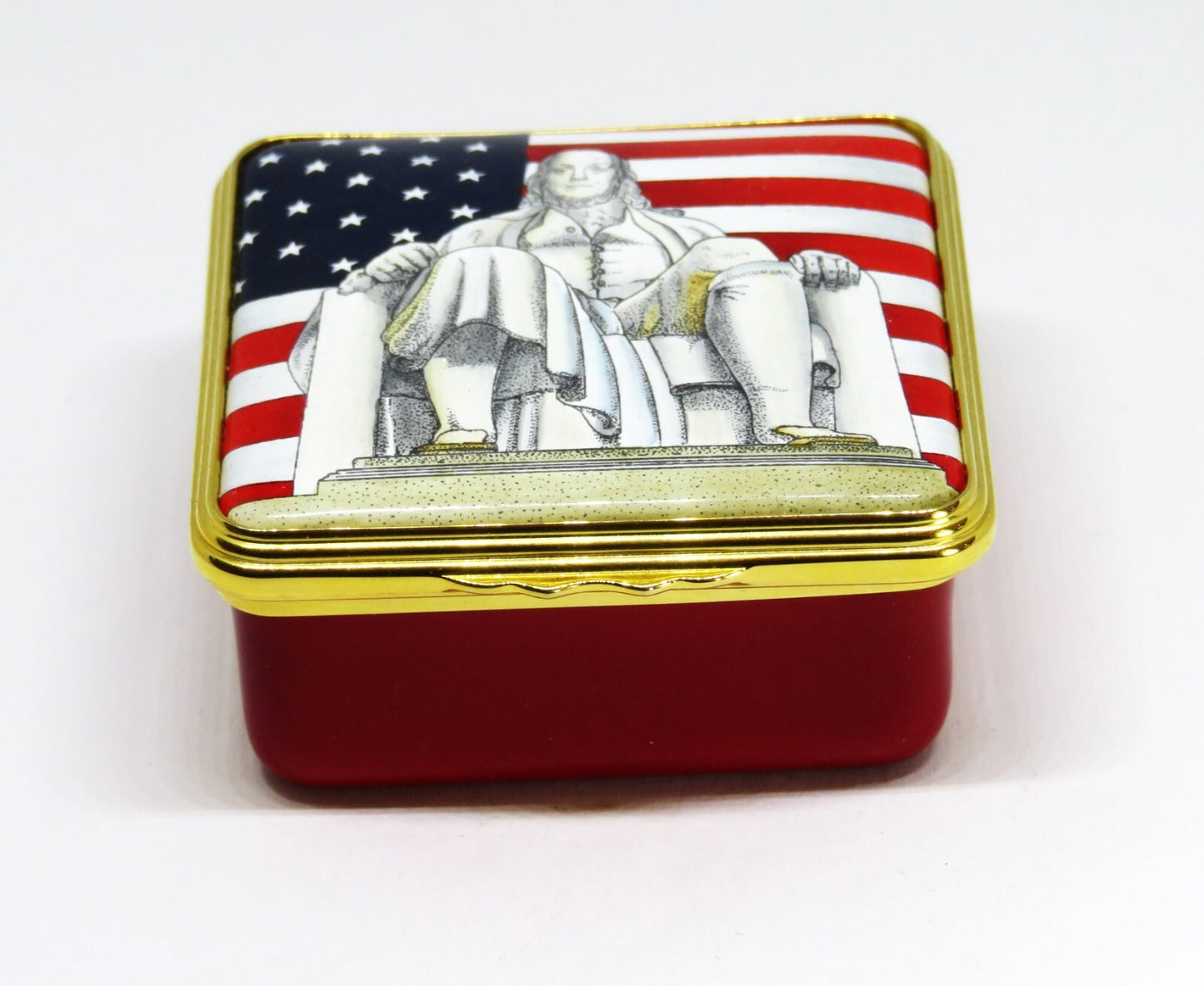 HALCYON DAYS ENGLISH ENAMEL BOX - BENJAMIN FRANKLIN & U. S. FLAG - PHILADELPHIA