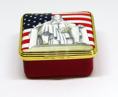 HALCYON DAYS ENGLISH ENAMEL BOX - BENJAMIN FRANKLIN & U. S. FLAG - PHILADELPHIA