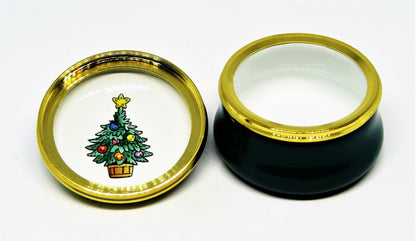 HALCYON DAYS ENAMEL BOX - FROG OR ALLIGATOR SANTA CLAUS & CHRISTMAS TREE