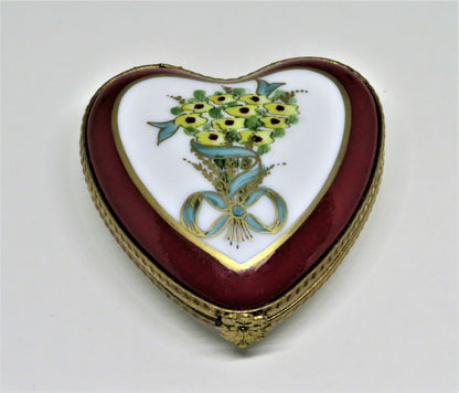 LIMOGES BOX - FLORAL HEART - FLOWER BOUQUET & RIBBON - "MA CHERIE" - ANNIVERSARY