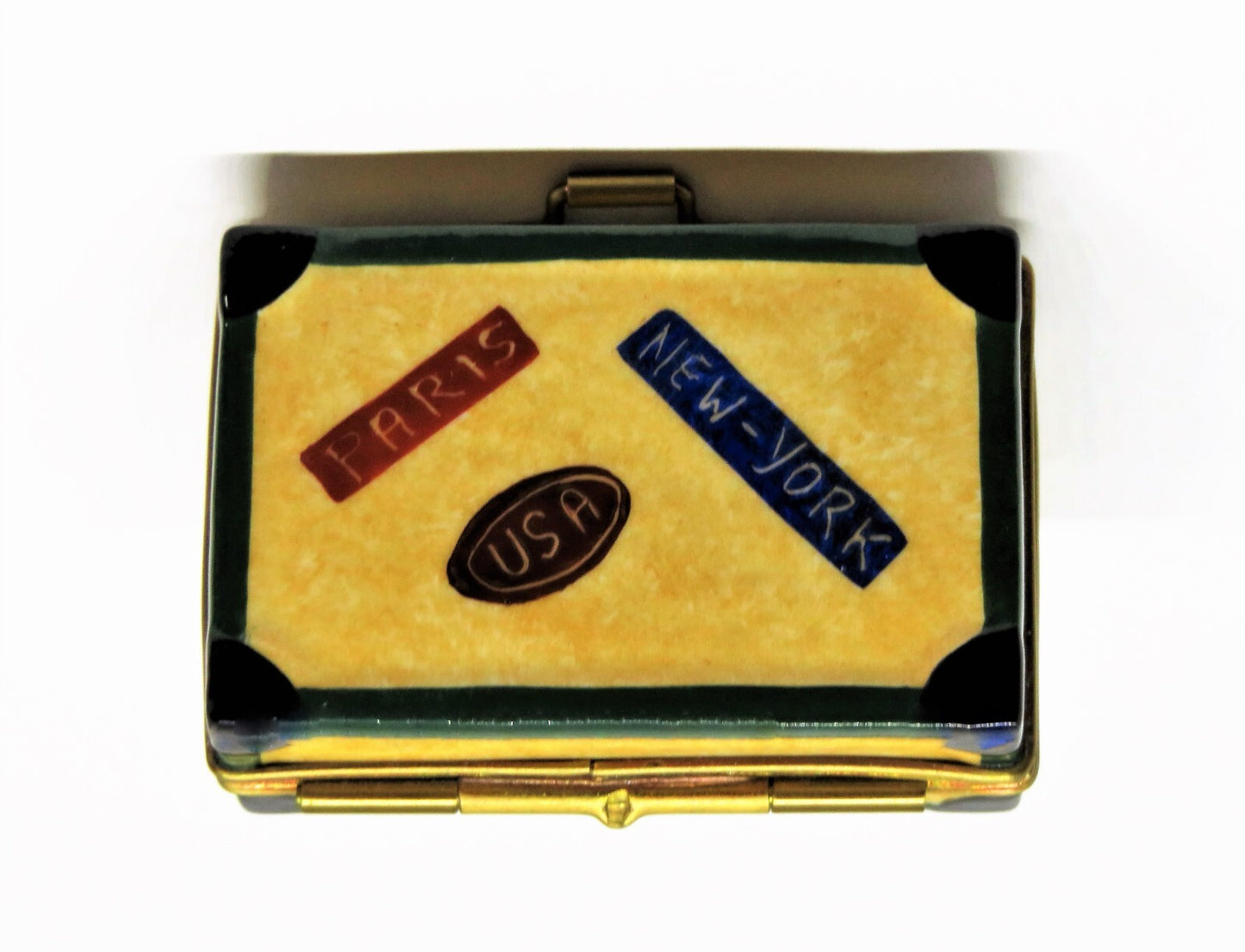 LIMOGES FRANCE BOX ~ ROCHARD ~ "BON VOYAGE" SUITCASE ~ LUGGAGE ~ TRAVEL LABELS