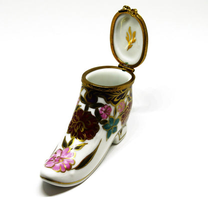 LIMOGES BOX ~ OLD-FASHIONED HIGH TOPPED LADY'S FLORAL SHOE ~ BOOT ~ PEINT MAIN