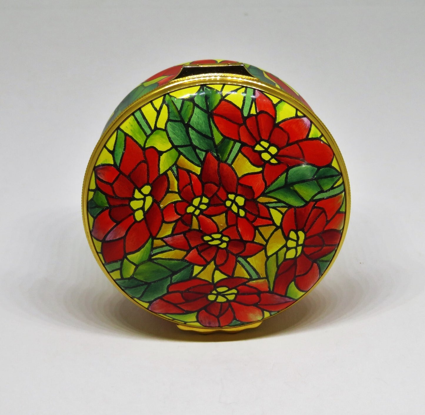 HALCYON DAYS ENAMEL BOX - TIFFANY & CO. - CHRISTMAS - STAINED GLASS POINSETTIAS