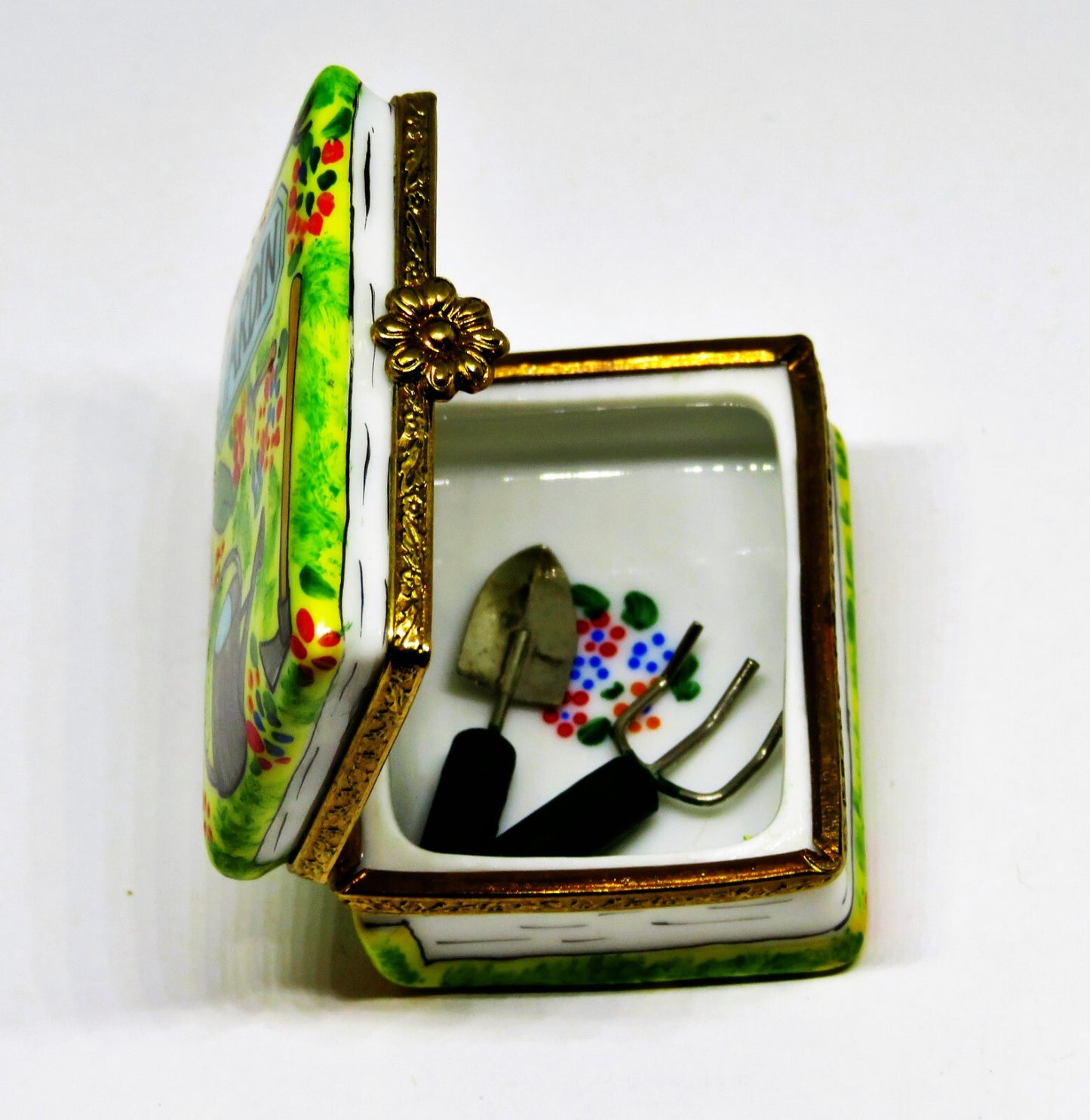 LIMOGES FRANCE BOX -LIMOGES IMPORTS- GARDENING BOOK & TOOLS - FLOWERS - "JARDIN"