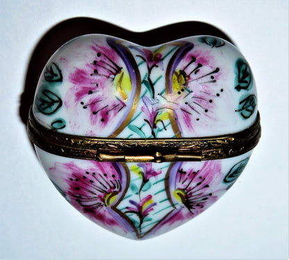 LIMOGES FRANCE BOX ~ FLORAL HEART ~ PINK FLOWERS & CUPID ~ ANNIVERSARY