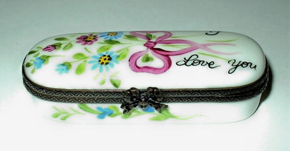 LIMOGES BOX - DAISY BOUQUET & PINK BOW - FLOWERS - "I LOVE YOU" - ANNIVERSARY